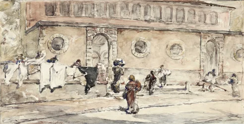 Figuren vor einem spanischen Gebäude